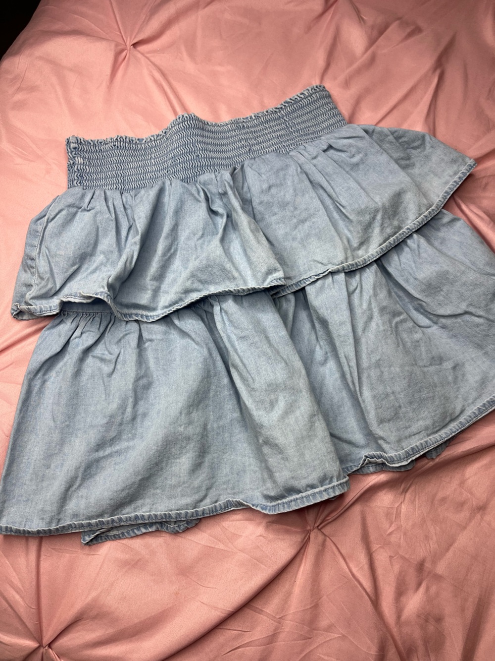 Smocked Waist Light Blue Denim Tiered Skater Skirt - Women
